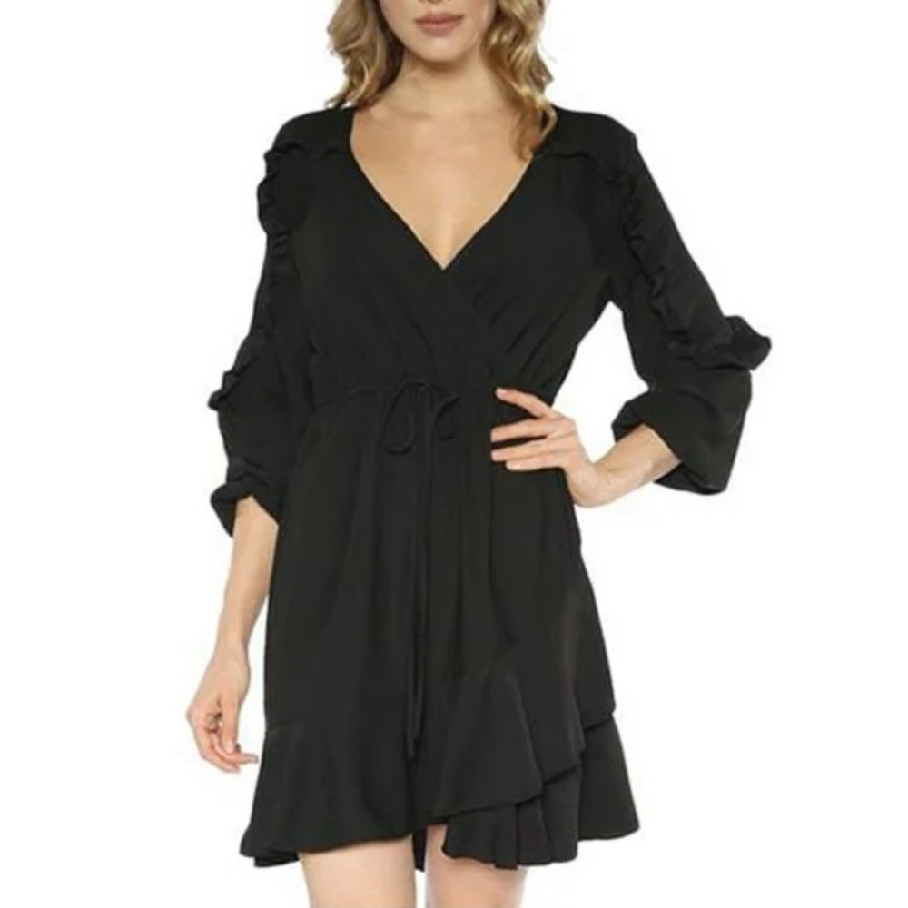 TEEZE ME Womens Black Tie Elbow Sleeve Above The Knee Evening Wrap